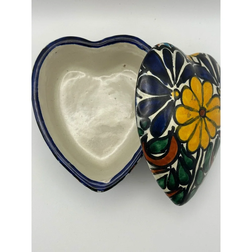 Amora Talavera Pottery Heart Trinket Box Hand Painted Floral Mexican Folk‎ Art
